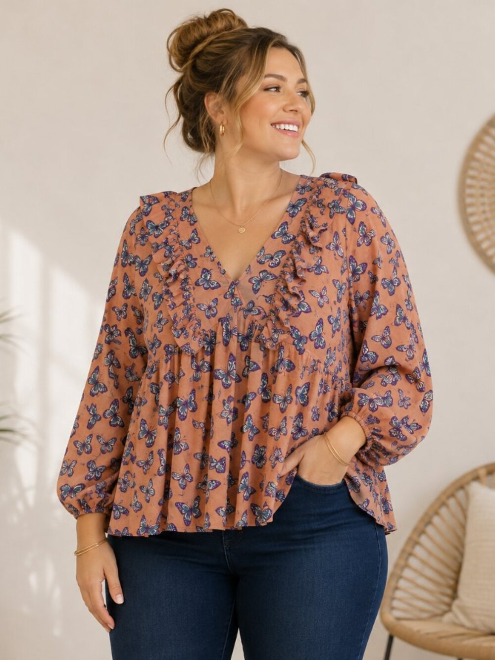 Simply Southern Womens Tie Neck Butterfly Ruffle Puff Sleeve Top XL Boho Peasant